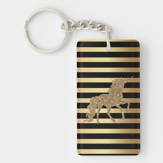Elegant Chic Gold Glitter Unicorn,Gold Striped Key Ring (Front)