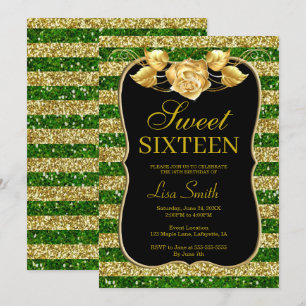 Elegant Chic Gold Green Glitter Rose Sweet 16 Invitation
