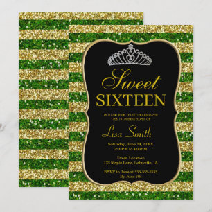 Elegant Chic Gold Green Glitter Tiara Sweet 16 Invitation