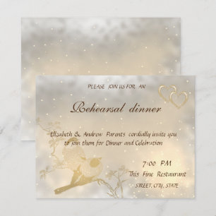Elegant Chic Gold Hearts, Birds  Rehearsal Dinner Invitation