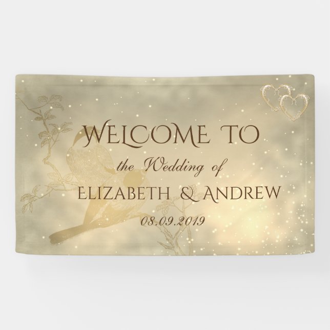 Elegant Chic Gold Hearts, Birds  Wedding Banner (Horizontal)