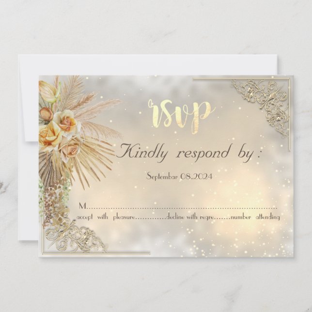 Elegant Chic Gold Hearts Boho Flowers RSVP Card (Front)