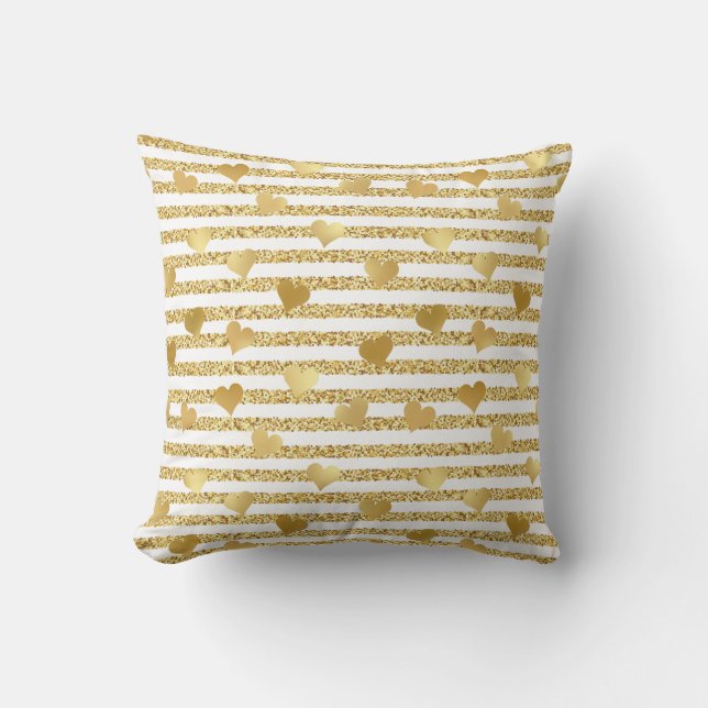Elegant Chic Gold Hearts Glitter Stripes Cushion (Front)