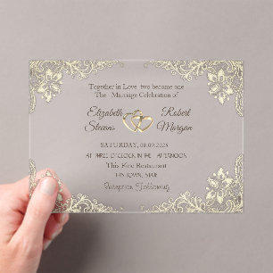 Elegant Chic Gold Hearts Lace Wedding Acrylic Invitations