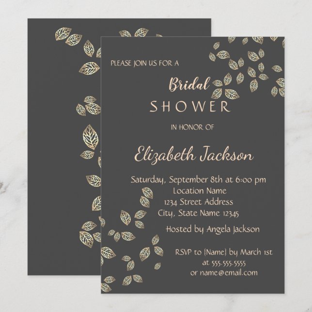Elegant Chic Gold Leaves Bridal Shower Invitation (Front/Back)