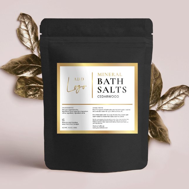Elegant Chic Gold Logo Waterproof Bath Salts Label (Trendy and chic bath product label in white & gold - great for bath salts, bath dust and more)