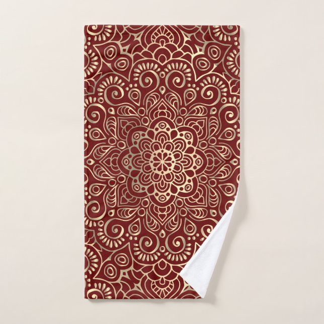 Elegant Chic Gold Mandala Burgundy Bath Towel Set (Hand Towel)