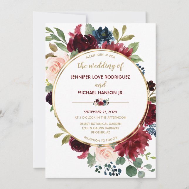 Elegant Chic Gold Marsala Floral Bouquet Wedding Invitation (Front)