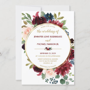 Elegant Chic Gold Marsala Floral Bouquet Wedding Invitation