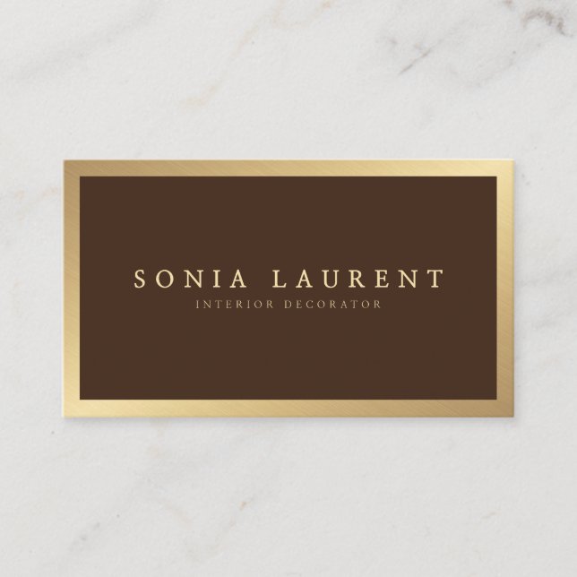 Elegant chic gold metallic dark brown minimalist business card (Front)