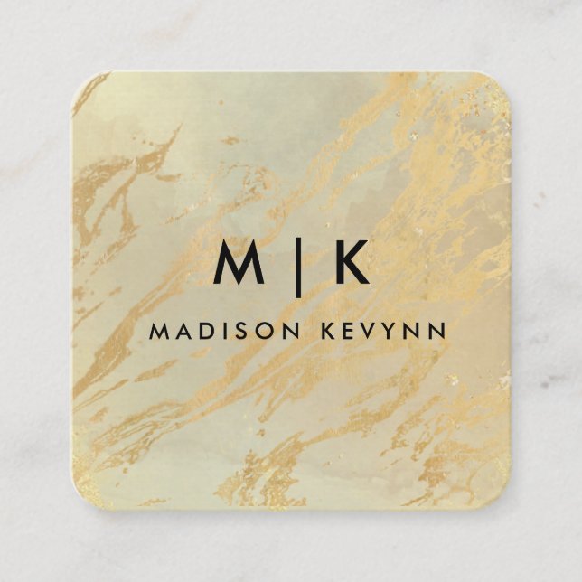 Elegant chic gold modern square minimalist black  square business card (Front)