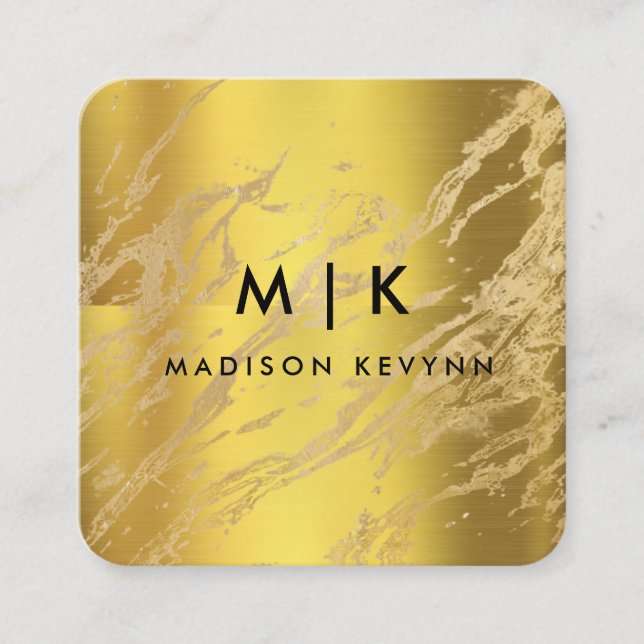 Elegant chic gold modern square minimalist black  square business card (Front)