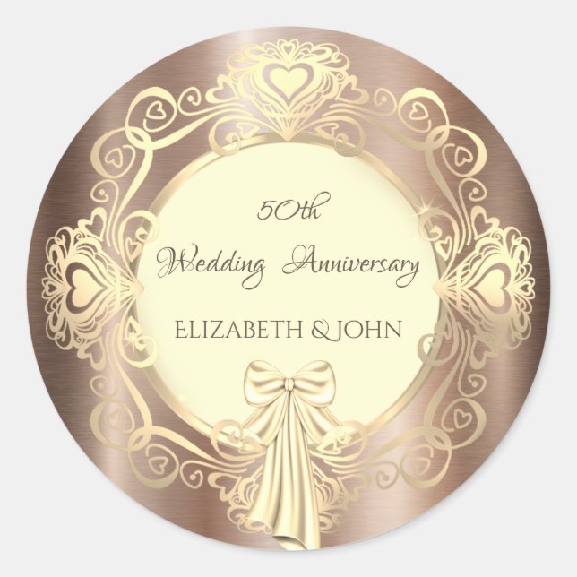 Elegant Chic Gold Ornament Heart,Bow Anniversary   Classic Round Sticker (Front)