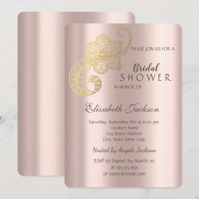 Elegant Chic Gold Paisley Rose Gold Bridal Shower  Invitation (Front/Back)