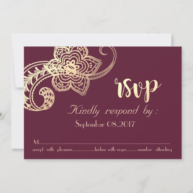 Elegant Chic Gold Paisley  RSVP Invitation (Front)