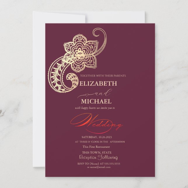 Elegant Chic Gold Paisley Script Wedding Invitation (Front)