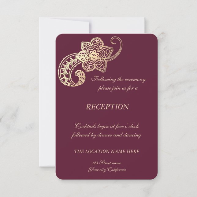 Elegant Chic Gold Paisley  Wedding Reception Invitation (Front)