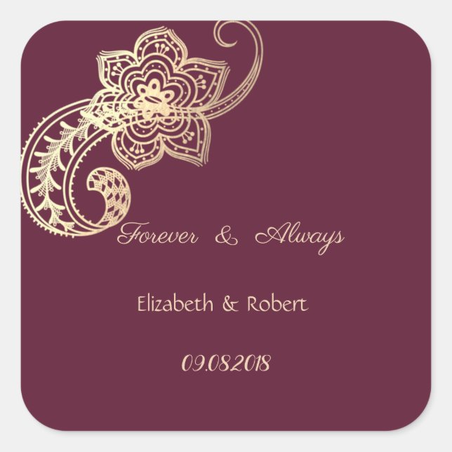 Elegant Chic Gold Paisley  Wedding Square Sticker (Front)