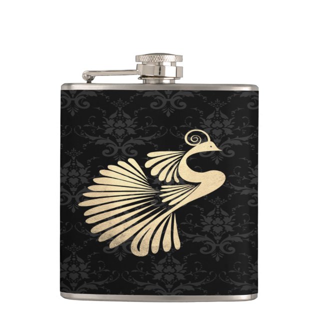 Elegant Chic Gold Peacock , Black Damask Hip Flask (Front)