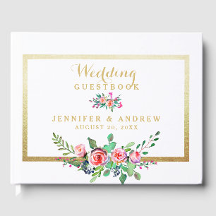 Elegant Chic Gold Pink Floral Personalised Wedding Guest Book