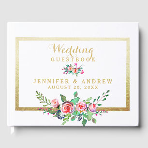 Elegant Chic Gold Pink Floral Personalised Wedding Guest Book