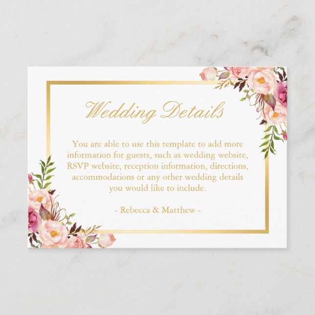 Elegant Chic Gold Pink Floral Wedding Details Enclosure Card (Front)