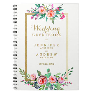 Elegant Chic Gold Pink Floral Wedding Guestbook Notebook