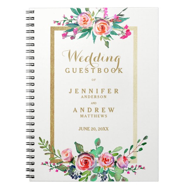 Elegant Chic Gold Pink Floral Wedding Guestbook Notebook (Front)