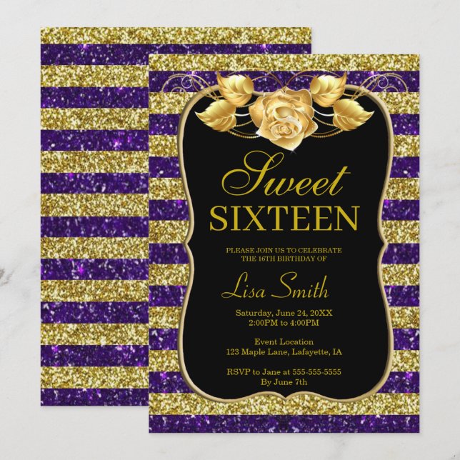 Elegant Chic Gold Purple Glitter Rose Sweet 16 Invitation (Front/Back)