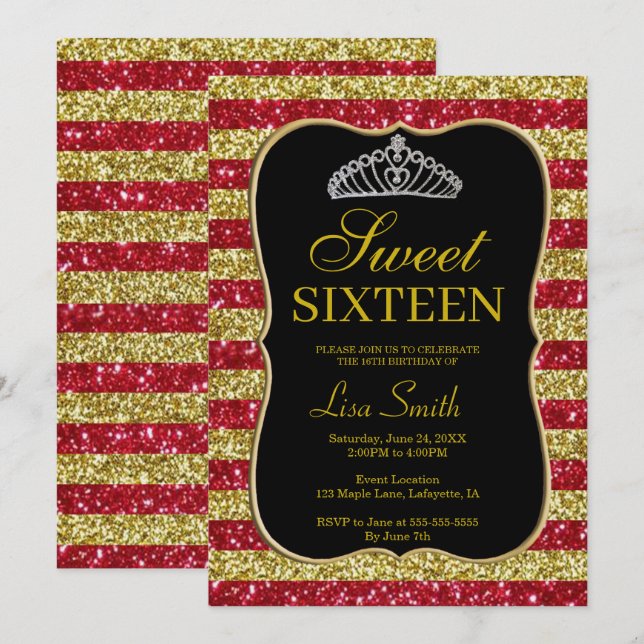 Elegant Chic Gold Red Glitter Tiara Sweet 16 Invitation (Front/Back)