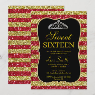 Elegant Chic Gold Red Glitter Tiara Sweet 16 Invitation
