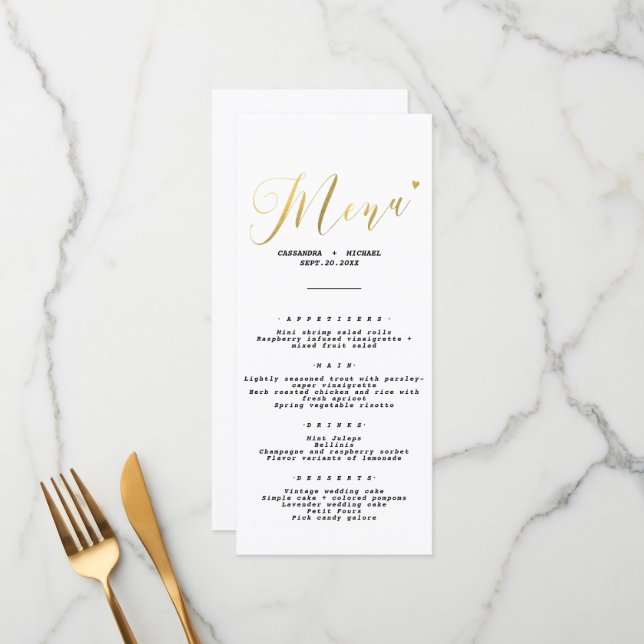 Elegant chic Gold Script Wedding  Menu (Front/Back In Situ)