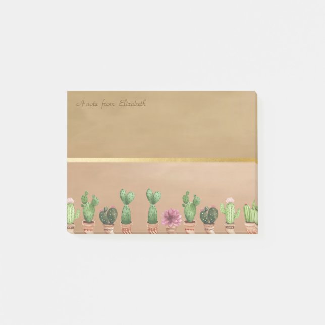 Elegant Chic Gold Stripe,Watercolor Cactus Post-it Notes (Front)