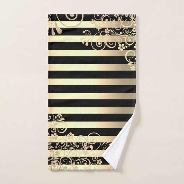 Elegant Chic Gold Stripes Glitter Flowers Bath Towel Set (Hand Towel)