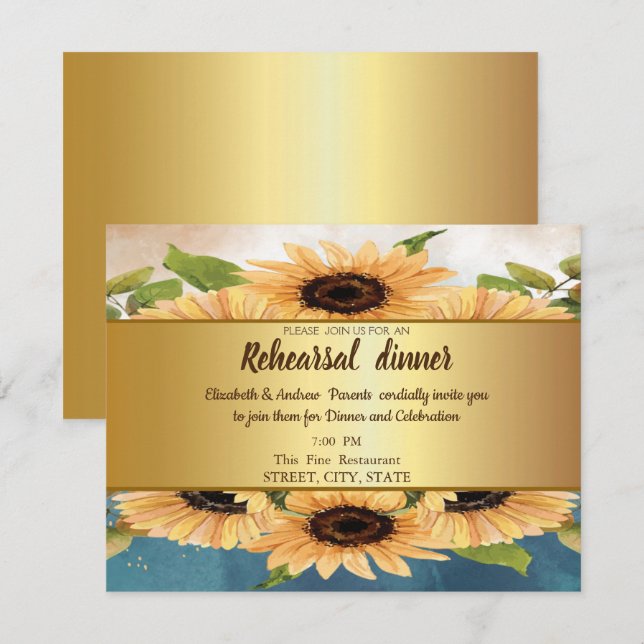 Elegant Chic Gold,Sunflowers Rehearsal Dinner Invitation (Front/Back)