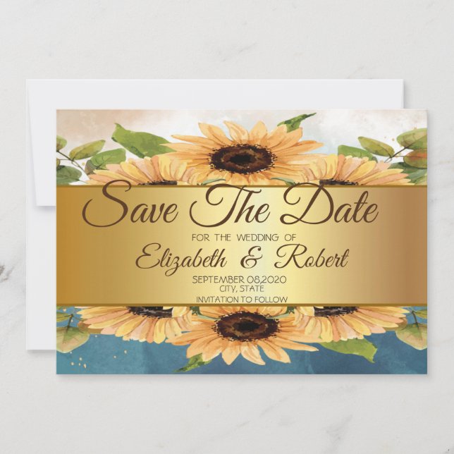 Elegant Chic Gold Sunflowers Save The Date (Front)