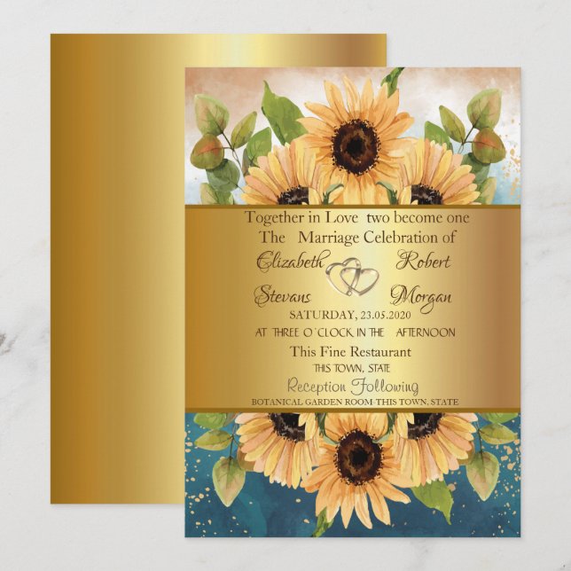 Elegant Chic Gold Sunflowers  Wedding Invitation (Front/Back)