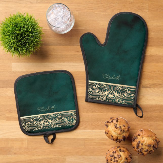 Elegant Chic Gold Swirls Green Oven Mitt & Pot Holder Set (Top Down)