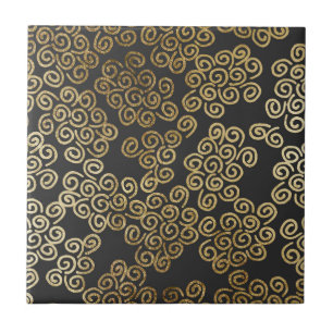 Elegant Chic Gold Swirls on Black Tile