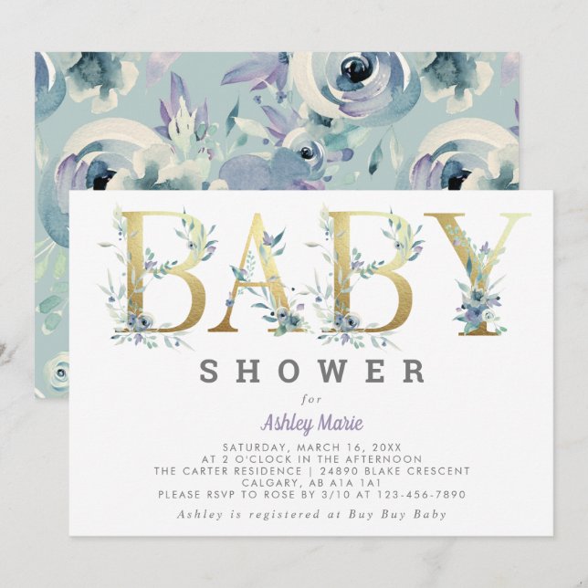 Elegant Chic Gold Teal Blue Flowers Baby Shower Invitation (Front/Back)