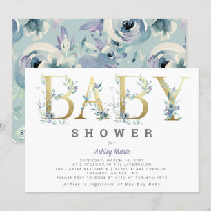 Elegant Chic Gold Teal Blue Flowers Baby Shower Invitation