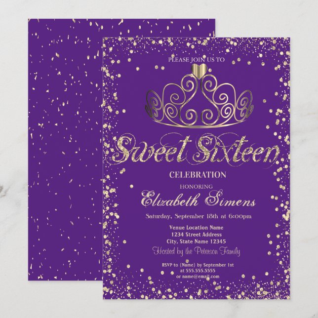 Elegant Chic Gold Tiara Diamonds Confetti Sweet 16 Invitation (Front/Back)