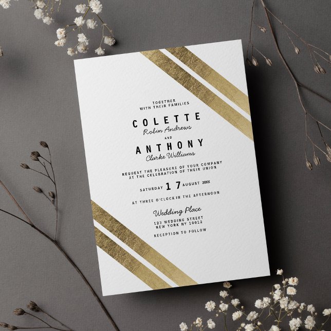 Elegant Chic Gold White Modern Stripe Glam Wedding Invitation (Elegant Chic Gold White Modern Stripe Glam Wedding)