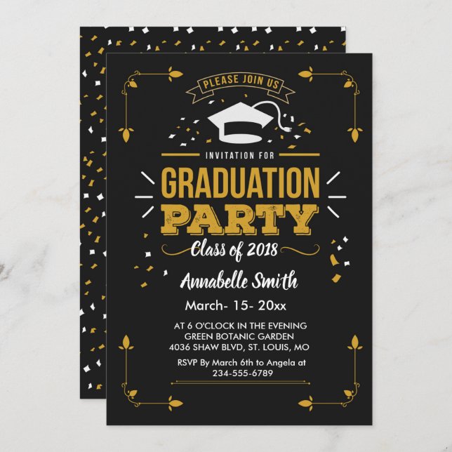 Elegant chic golden & black graduation invitation (Front/Back)