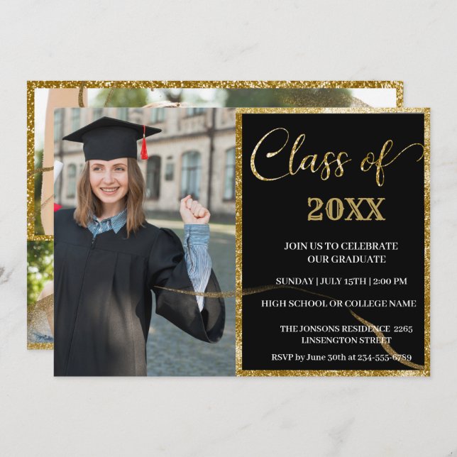 Elegant chic golden & black graduation invitation (Front/Back)