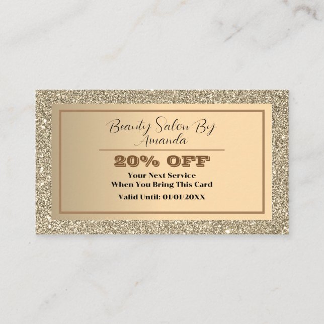 Elegant Chic Golden Foil Glittery Glamourous Salon Discount Card (Front)