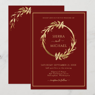 Elegant Chic Golden Foliage Burgundy Wedding Invitation