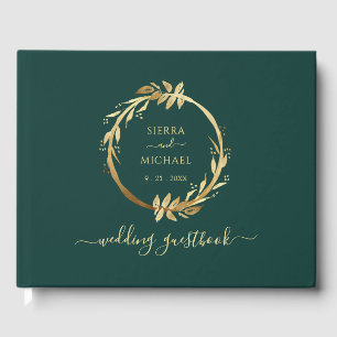Elegant Chic Golden Foliage Emerald Green Wedding Guest Book