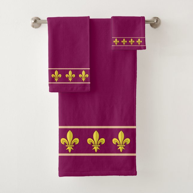Elegant, Chic Golden Lis Flowers on Wine Maroon Bath Towel Set (Insitu)