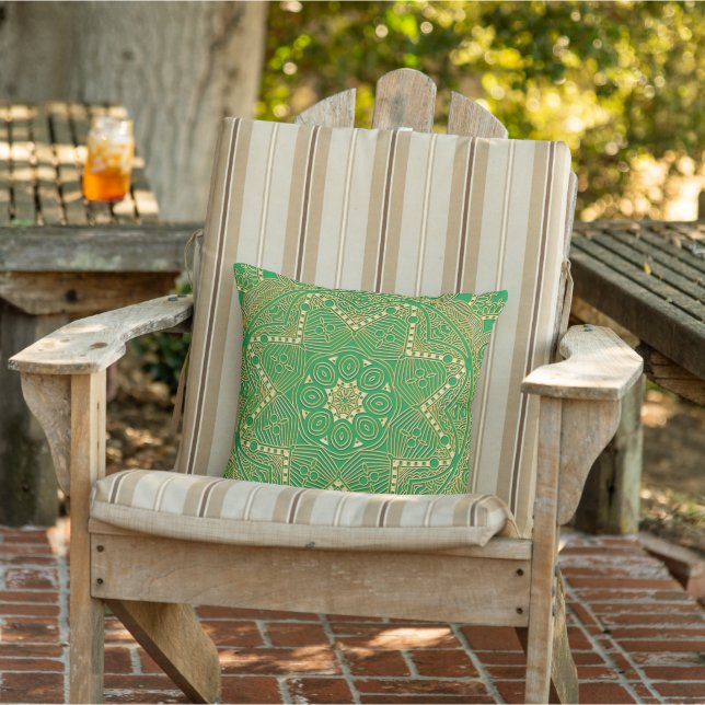 Elegant Chic Golden Mandala Flower Art On Green Cushion (Chair)